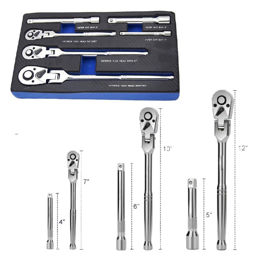 6PC 72 Tooth Ratchet Wrench Set for Flex Head Includes 1/4 3/8 1/2 Inch Drives Designed for Accessing Tight Spaces Easily