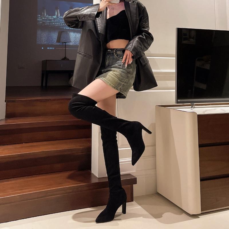 2025 New Fall Winter Over The Knee Boots Women's Pointed Toe Suede Sleeve Non-Slip Plus Suede Warm Heeled Fashion Boots