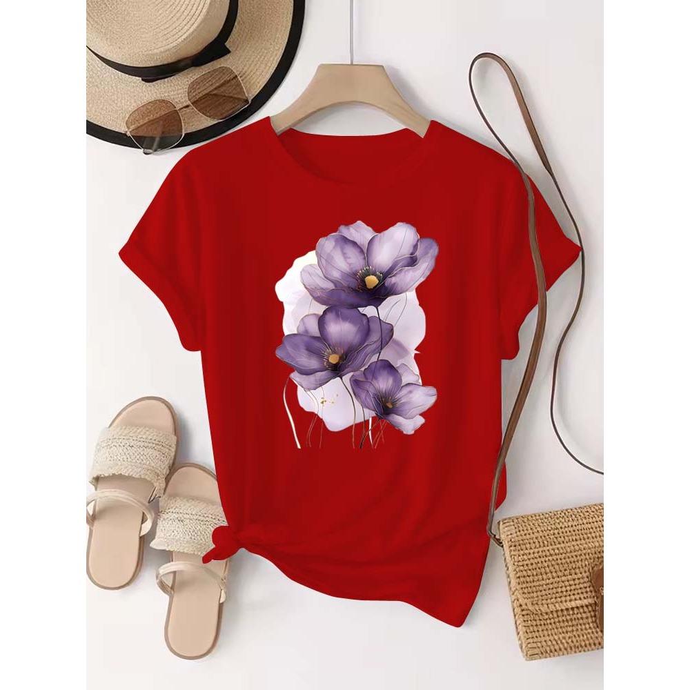 

Women s T-shirt Purple Watercolor Flowers Print T Shirt Top Girls Y2k Clothing Summer Short Sleeve Tees Casual Female T-shirt XL