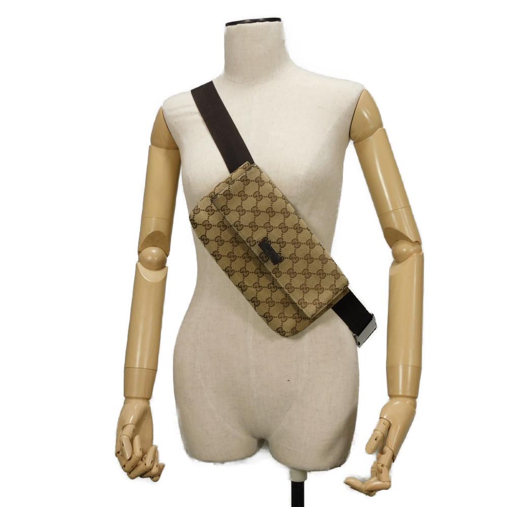 Used 9539 GG Canvas Waist Bag 146304 7929 Calfskin Brown Waist Pouch Shoulder Bag with Embossed Logo Beige Men's from