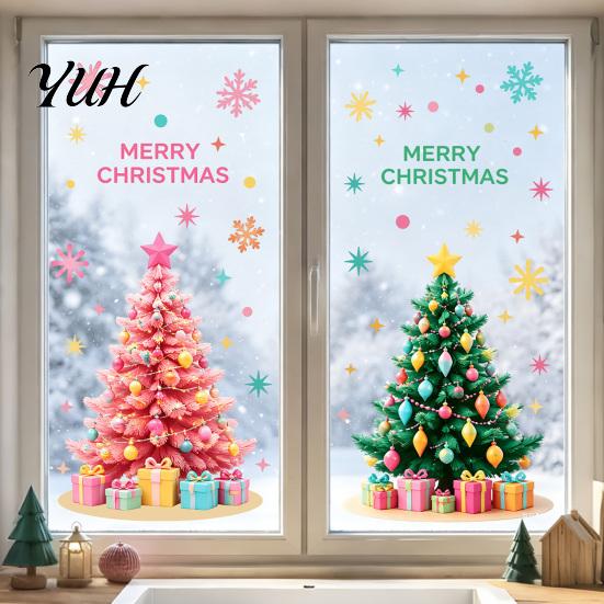 Winter Theme Wall Decor 2Pcs Pink Christmas Tree Static Window Clings, Removable Xmas Stickers Home Ornaments with Snowflake Star for Shop Cafe