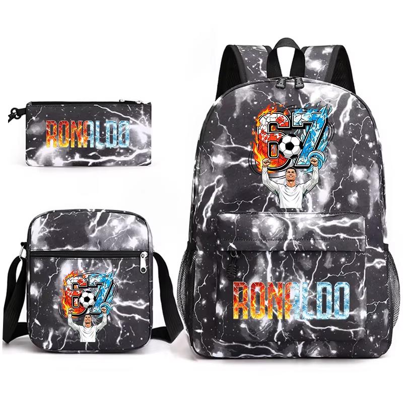 Cr7 Ronaldo 67 Patroon Schoolrugzak Set met Schoudertas en Etui voor Tieners Kinderen Meisje Jongen Lichtgewicht Ruime Schooltas