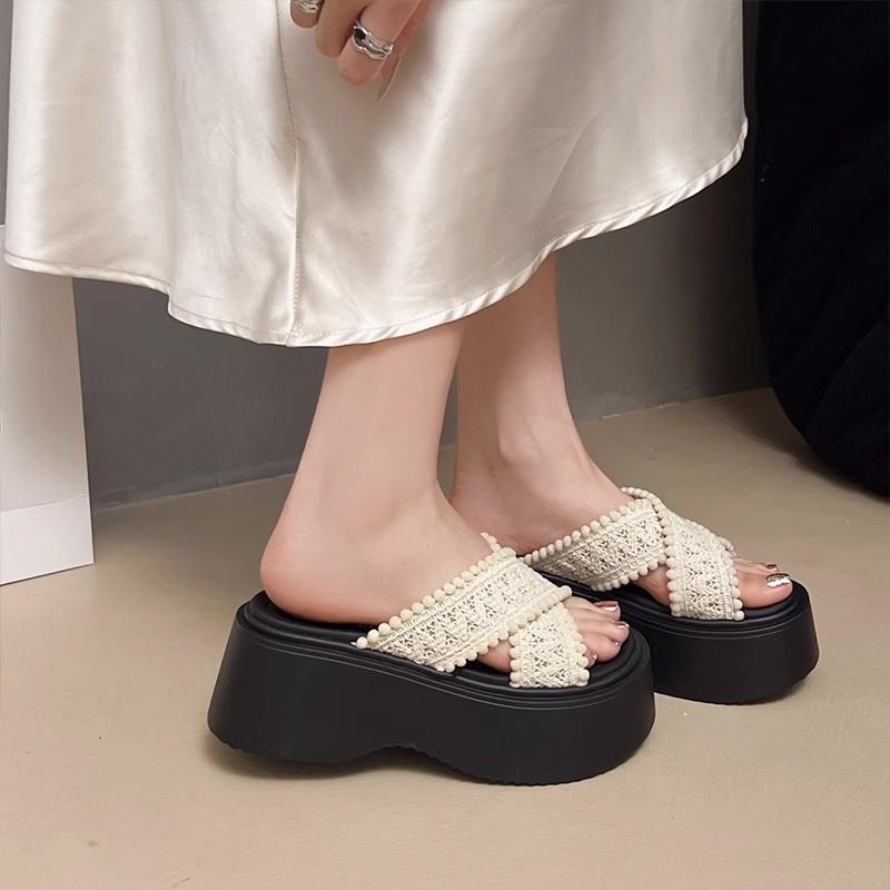 Small Height Increase Thick Bottom Cross Fashion Woven Slippers Women's Summer Wear Casual Vacation Seaside Beach Cool Slippers