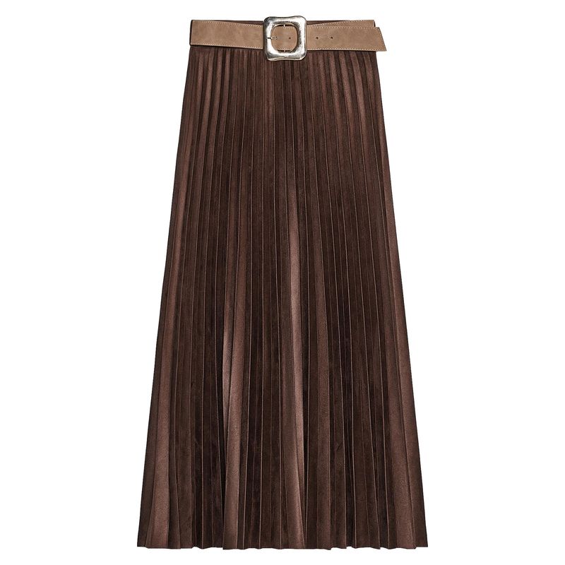 Zaprha 2025 Autumn New With Belt Suede Effect Pleated Midi Skirt High Sense 3046252
