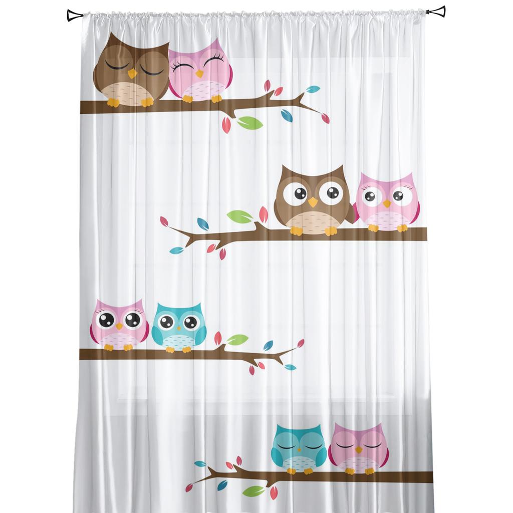 Cartoon Eulenpaar auf einem Ast Stehend Transparente Vorhänge für Wohnzimmer Tüll für Fenster Voile Garn Kurze Schlafzimmergardinen
