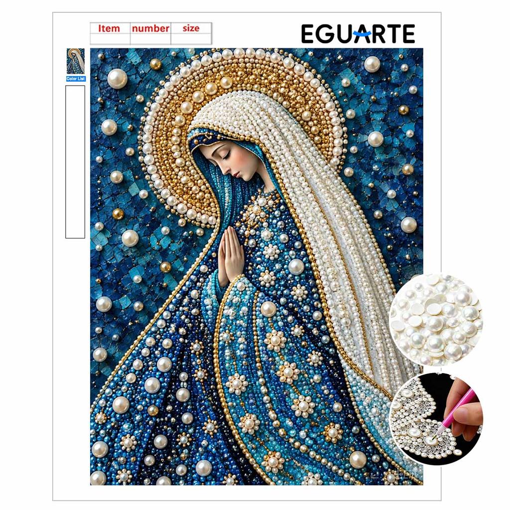 DIY Framed Pearl Bead Art Kit Religious Virgin Mary Pattern Sparkling Canvas Painting for Modern Room Wall Decor Gift
