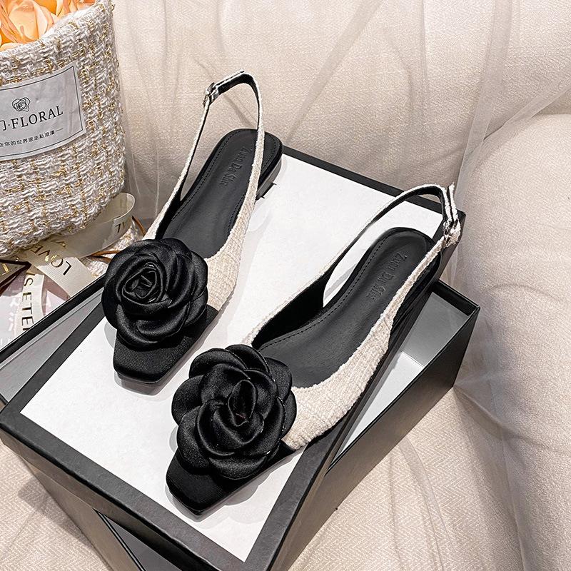 Fashion Rose Flower Flat Sandals Women Black White Mixed Color Slingback Summer Shoes Woman Square Toe Floral Sandalias Mujer Big Size42