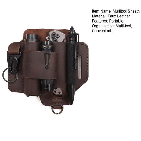 Multitool Belt Sheath Faux Leather EDC Belt Organizer 3 Pockets Belt Pouch with Flashlight Holder Pen Holder Keychain Clip for Men