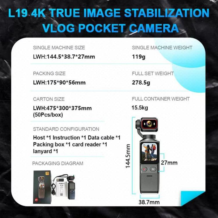 L19 1,69-calowy ekran dotykowy i łączność Wi-Fi Kamera sportowa 4K Stabilizacja obrazu Kamera kieszonkowa VLOG