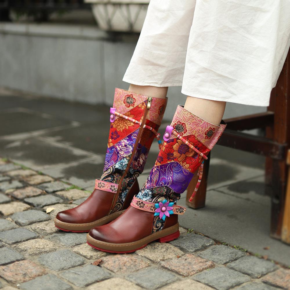 4cm Print Cloth Genuine Leather Ankle Knee High Boots Woman Flats Ladies Appliques Flower Autumn Spring Plus Size Shoes
