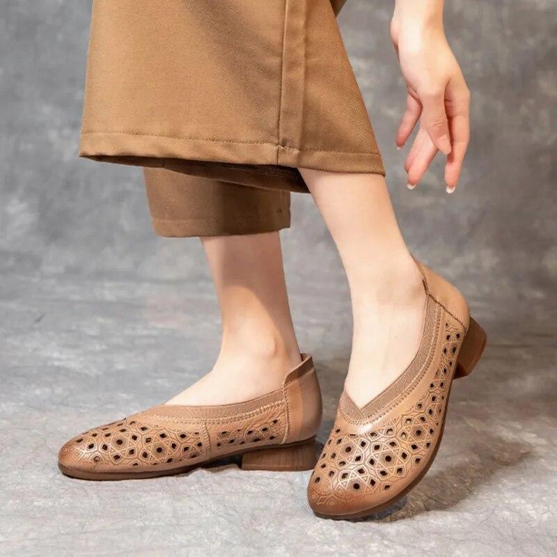Johnature Vintage Sandaler i Ekte Skinn Slip-on Casual Rund Tå Myk Såle Komfortable Damesko