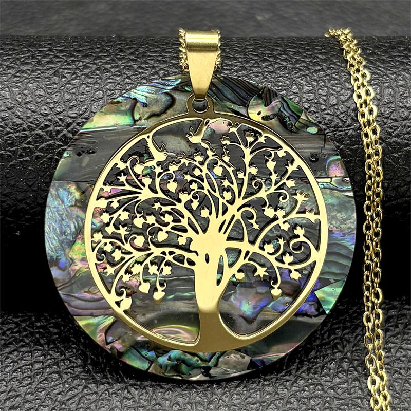 Colier din Oțel Inoxidabil cu Pandantiv Arborele Vieții și Scoică Abalon, Lanț Culoare Aurie, Coliere cu Sidef, Bijuterii Boho, Guler NX
