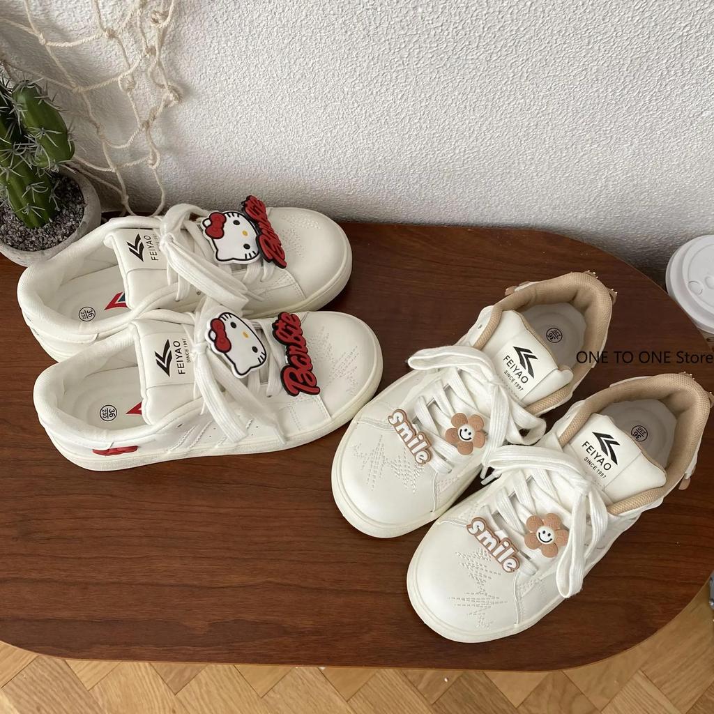 Fashion 2025 Summer New Cartoon HelloKitty Versatile White Shoes Women Low Top Casual Round Head Board Shoes for Girls' Daily Flat Shoes