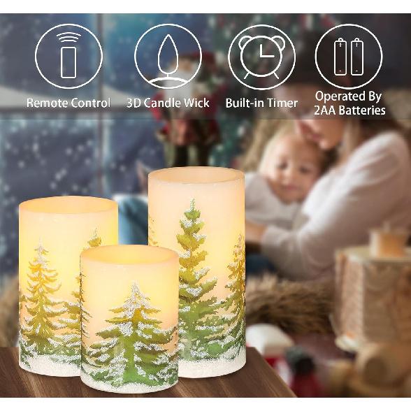 Christmas Flameless Candles with Timer, Battery Operated Wax Led Pillar Candles, Christmas Tree Flickering Candles for Holiday Home Decor, Gift Set