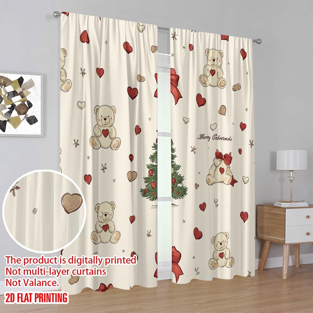 2pcs,2D plane printing Pattern Curtains Christmas Bears Trees Bells (3) Durable Polyester (without rod) Festive for Various