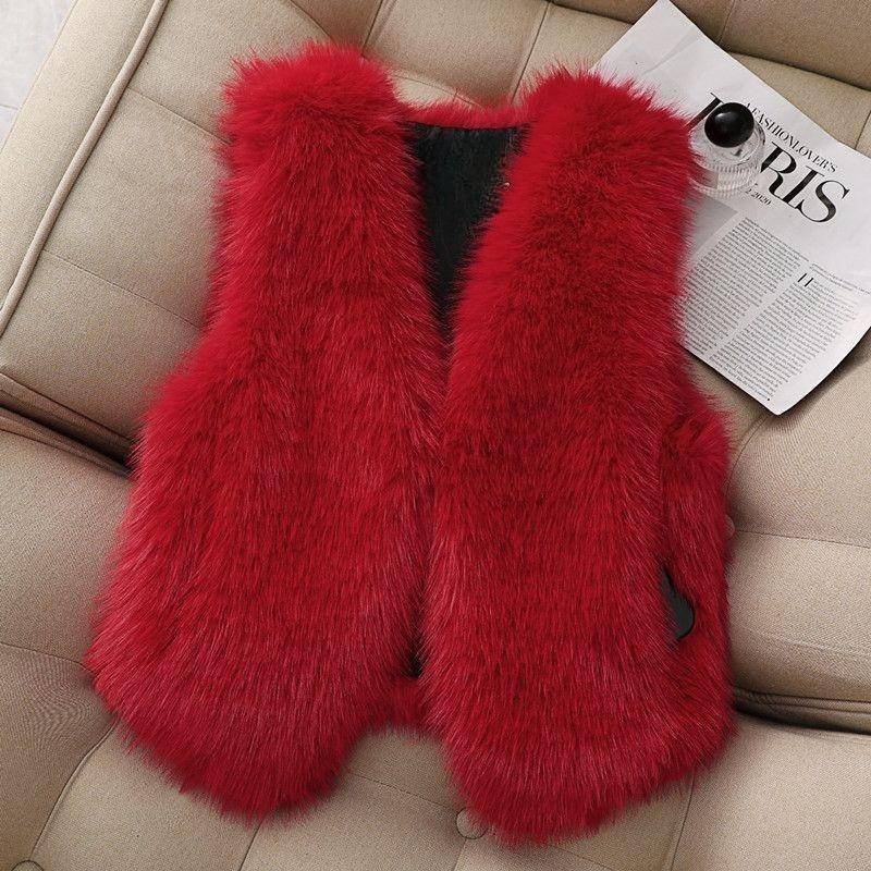 Autumn Winter Faux Fox Fur Vest Short Red Coat for Women Sweet and Warm Tops