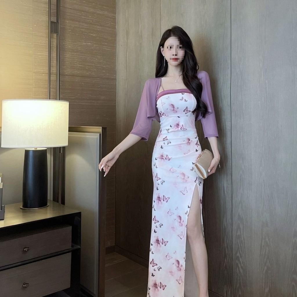 Vintage Floral Print Knit Dress With Side Slit For Summer Casual Wear