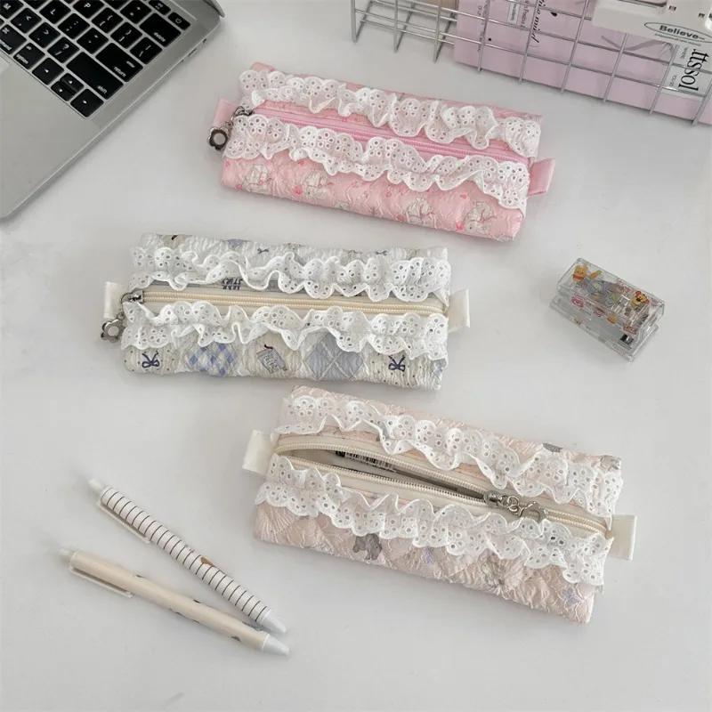 Cute Lace Ruffle Pencil Case for Kids Girl Sweet Cartoon Makeup Brush Organizer Large Capacity Soft Fabric Stationery Storage