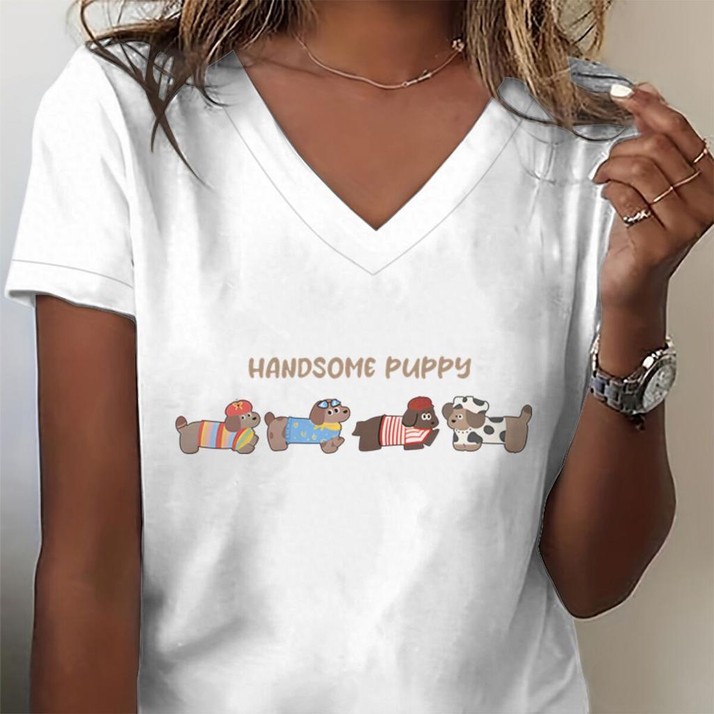Hübsches Dackel Grafik T-Shirts Damen Lässig Hundemama Oberteil Hundeliebhaber Geschenk T-Shirt Kleidung Niedliches Dackel Damen V-Ausschnitt T-Shirt