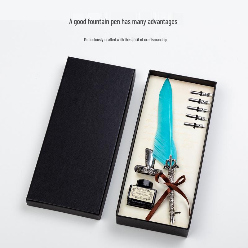 Goose Feather Pen Set with Carved Base and Stainless Steel Nibs - Unique Gift
