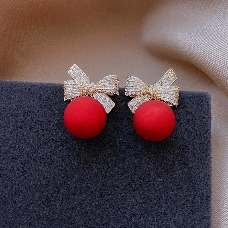 Luxury Gold Color Zircon Bow Stud Earrings For Women Pearl Cherries Fruit Red Festive Earring Girls Christmas Jewelry Gifts