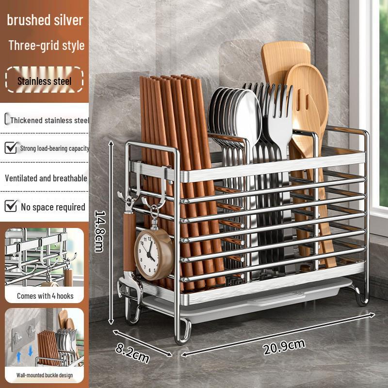 Wall-Mounted Stainless Steel Utensil Holder: Chopstick, Knife & Spoon Storage Rack