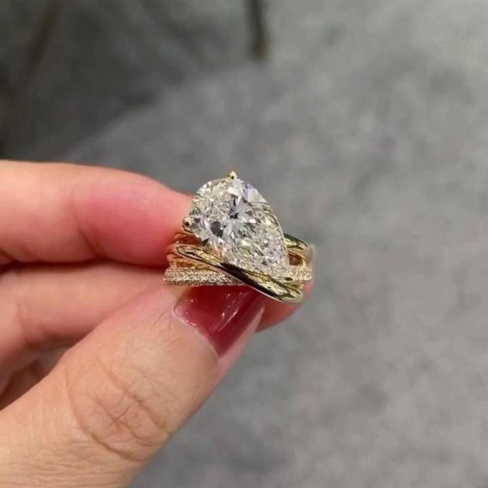 Luxury Female White Zircon Big Stone Engagement Skeleton Water Drop Ring Vintage Gold Color Wedding Fashion Jewelry For Women