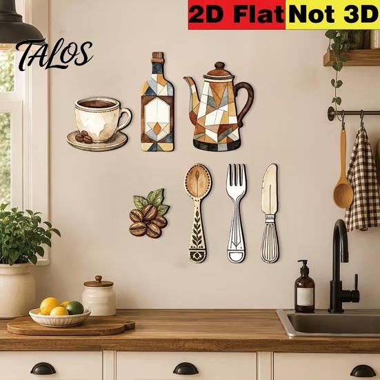 Kitchen Wall Decor 7Pcs Farmhouse Coffee Themed Wooden Decor, 2D Flat Art Theme Plaques, Retro Rustic Ornaments for Home Dining Room Cafe Decoration