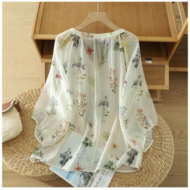 Women's New Spliced Pullover V-Neck Button Print Fashion Loose Versatile Casual Shirts