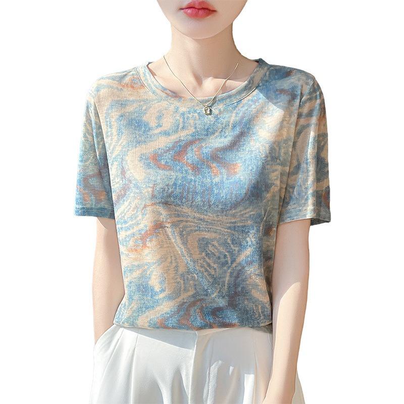 Women's New Summer Tie-dye Ink Painting Short-sleeved Casual Versatile Thin Positive Shoulder Round Neck T-shirt