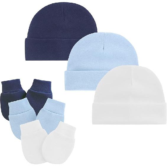 Baby Newborn Hats and Mittens Set 0-6 Months Cotton Beanie Top Knot for Baby Boys Girls Winter 0-6 Months