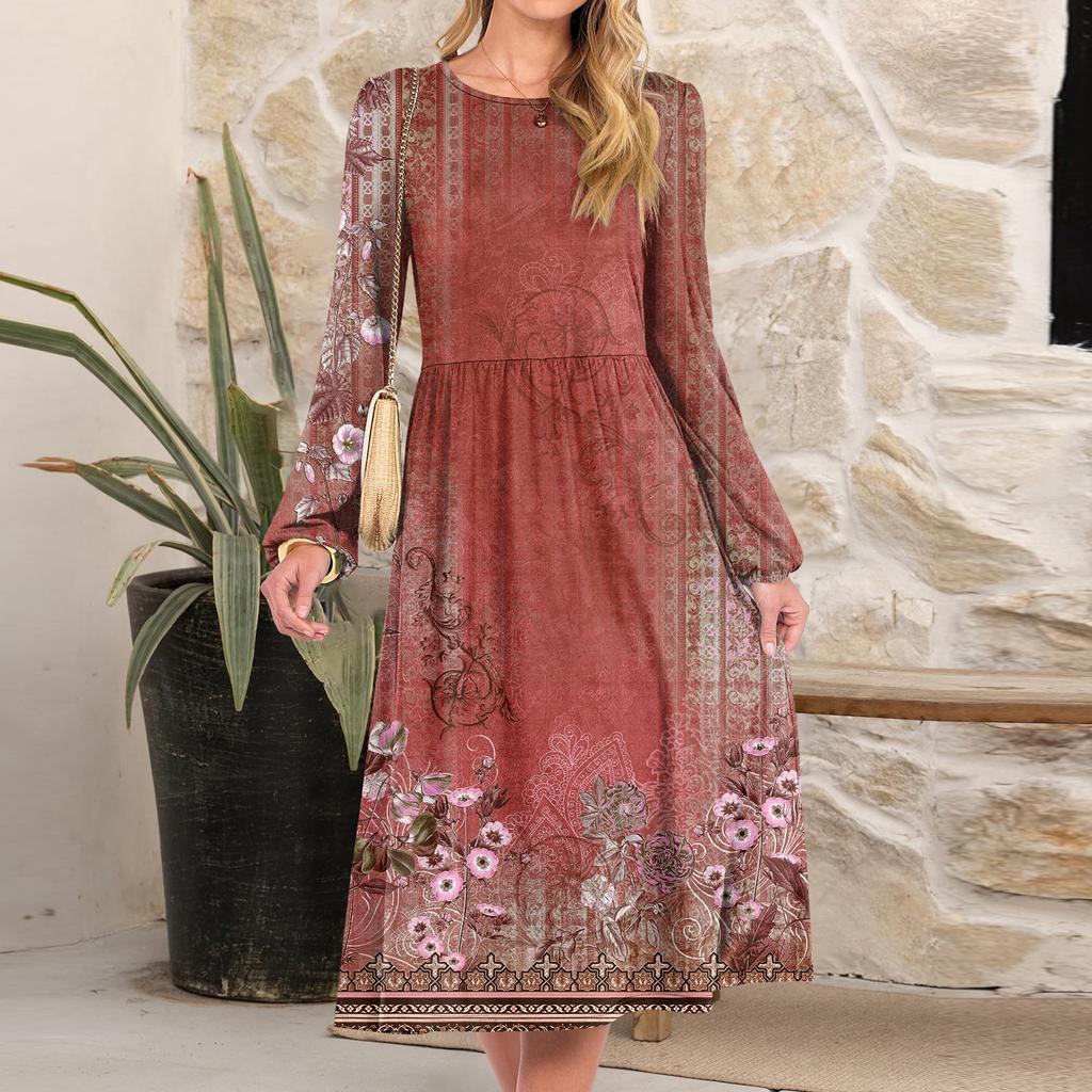 Women's Fashionable Loose Retro Printed Round-neck Dress