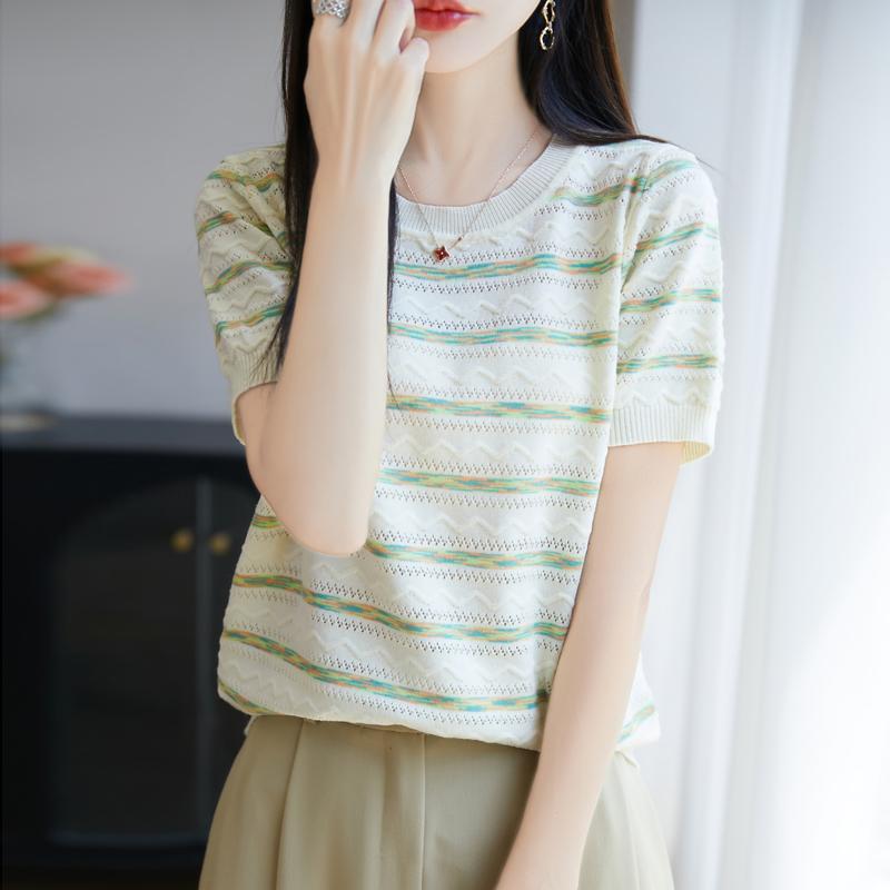 Women Knit T-shirt Summer Knitted Shirt Short Sleeve Tees O-neck Pullover Knit Tops Female