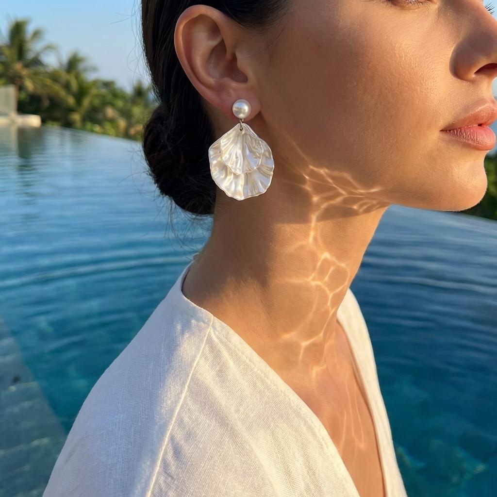 Mermaidcore White Shell Drop Earrings for Women Elegant White Floral Petal Dangle Layered Dangle Tropical Beach Vacation Jewelry