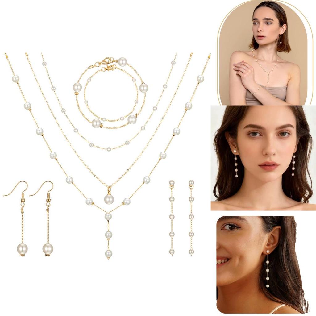 Lightweight French Pearl Necklace And Earring Set With Geometric Design For Elegant Women