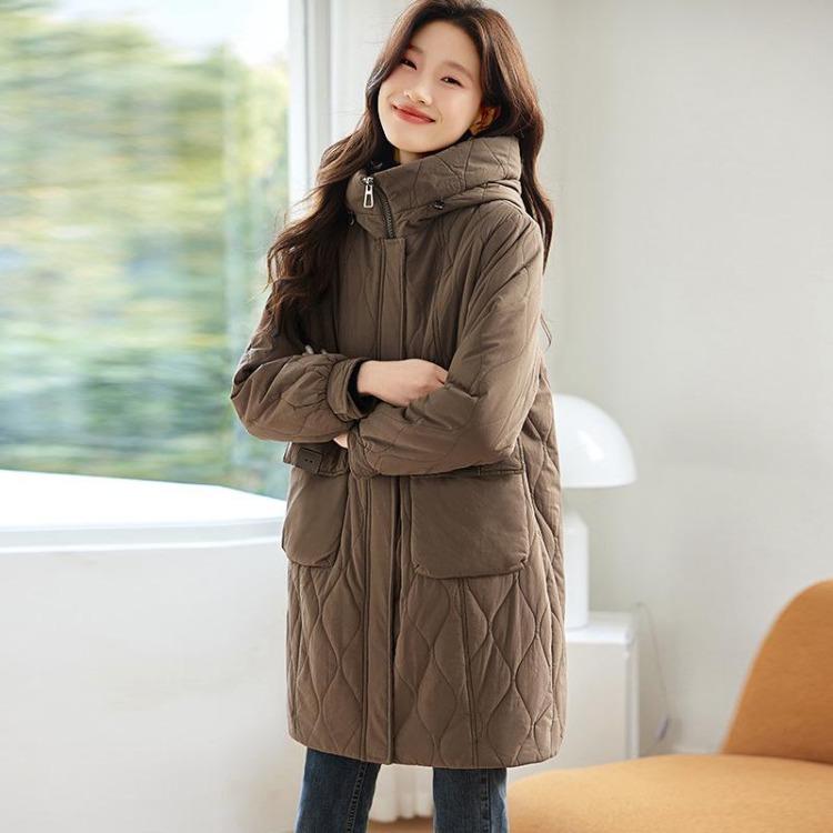 Women's Plus Size Fleece Lined Cotton Jacket Mid Length Quilted Warm Stylish Coat for Mom Middle Aged