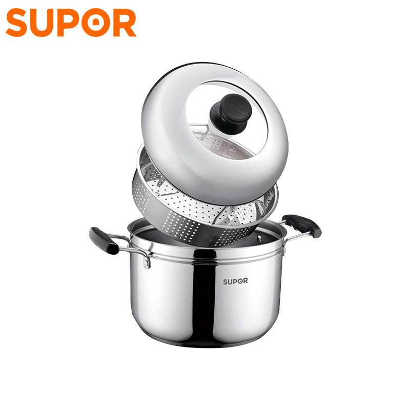 Supor Multi-Purpose 304 Stainless Steel Steamer Pot with Thickened Composite Bottom, 22/24cm - Ideal for Fish and Soup.
