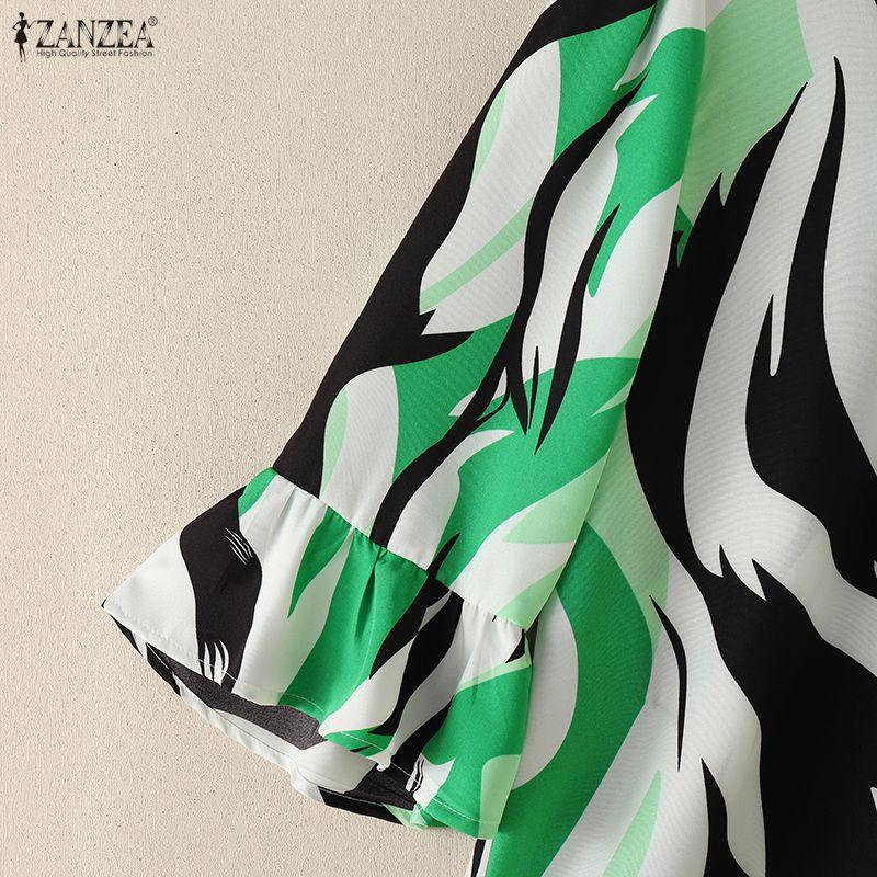 ZANZEA Women Casual Stand Collar Loose 3/4 Sleeve Print Blouse