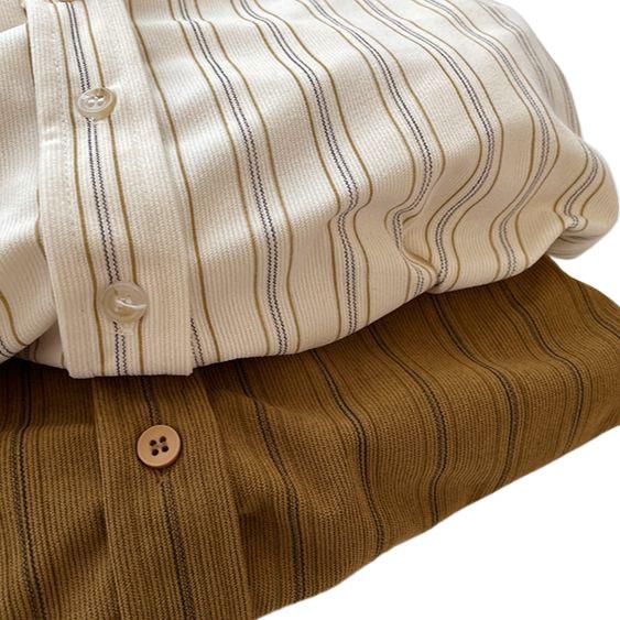 Damen Herbst Retro Kaffee Cord Pinstripe Kragen Langarm Lagenhemd