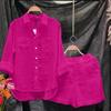 2 Pcs/Set Women Shirt Shorts Set Solid Color Loose Long Sleeves Elastic Waist Single-breasted Patch Pockets Irregular Hem Lapel Casual