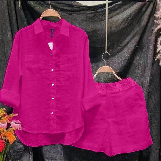 2 Pcs/Set Women Shirt Shorts Set Solid Color Loose Long Sleeves Elastic Waist Single-breasted Patch Pockets Irregular Hem Lapel Casual