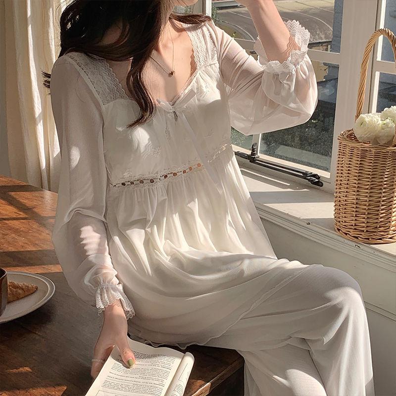 V-neck Summer Pajamas for Women Pajama Women Spring and Autumn Long Sleeve Modal Lace Mesh Sweet Princess Style Home Dress Set