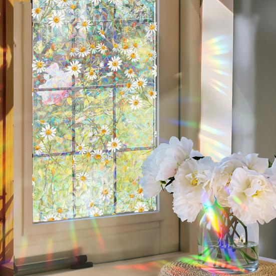 Rainbow Window Privacy Film Waterproof Static Cling Non-Adhesive Flower Pattern Sticker for Home Glass Windows Bedroom Living Room Decor