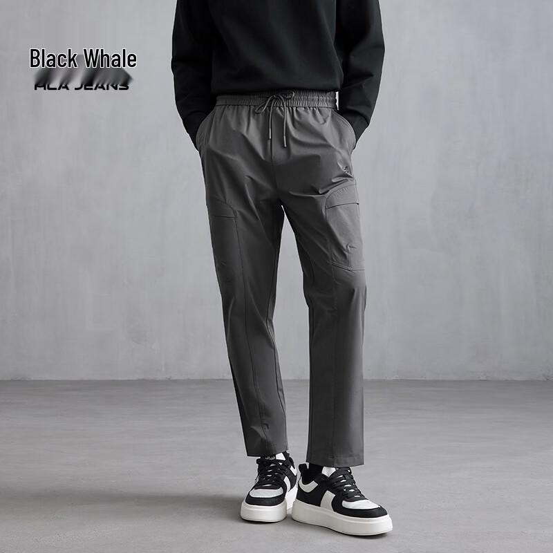 HLA Black Whale Men s Summer Drawstring Multi-Pocket Straight-Leg Casual Pants L