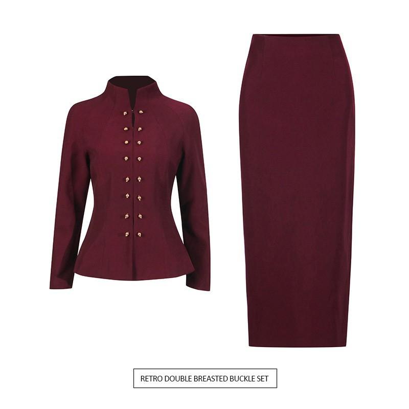 French Retro Elegant Style Suit Standing Collar Waist Invisible Hook Button Coat High Skirt Women's