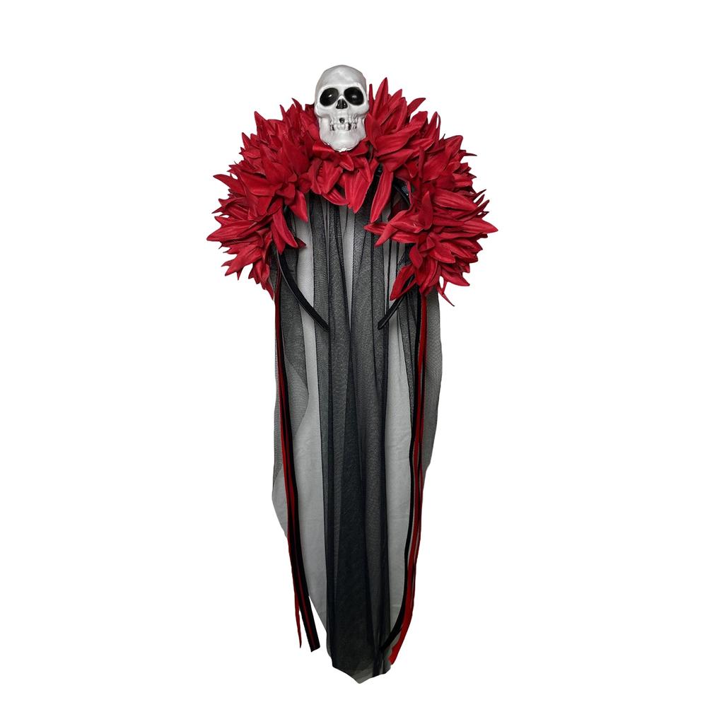 Halloween Long Ribbon Veil Floral Hair Band Girls Day Of The Dead Red Rose Flowers Headdress Party Cosplay Gothic Head Hoop