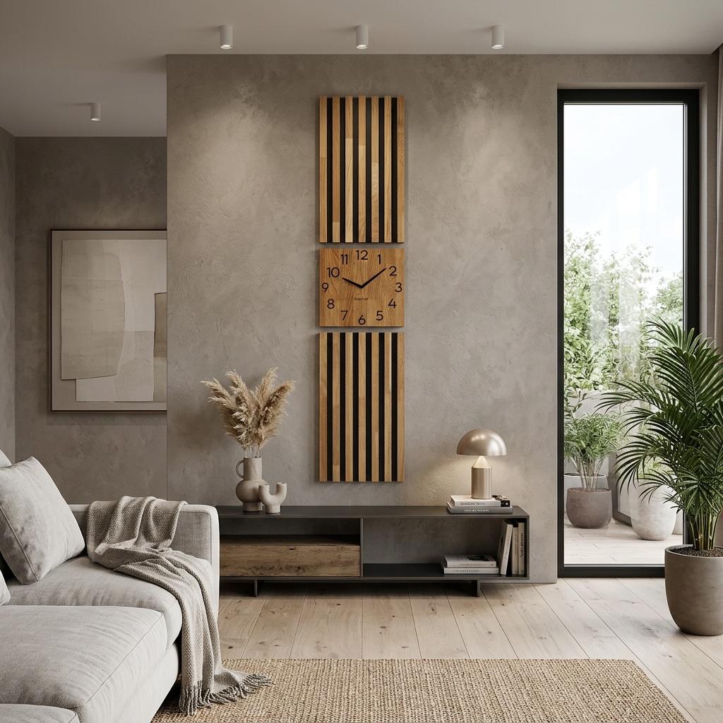Oak panel clock in slats 155x30cm