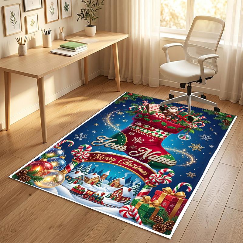 Christmas Theme Crystal Velvet Rug Personalized Custom Name Text Soft Floor Mat Home Decor