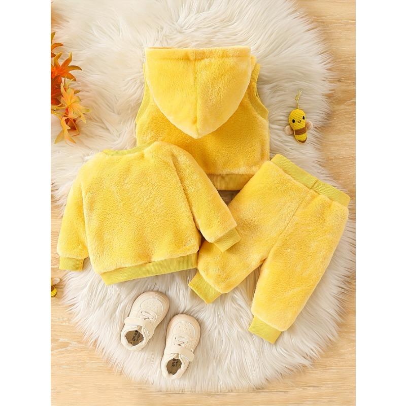 

Autumn and Winter Newborn Cute Baby Girl Long Sleeve Cartoon Bee Embroidery Fleece Warm Sweatshirt + Fleece Warm Pants + Hooded Vest Three-Piece Set 2-3Y