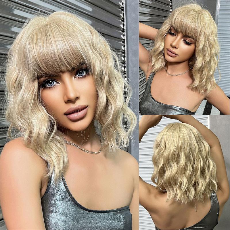 Pony Realistische Volle Kopf Kopf Goldene Haare Natürliche Perücke Frauen Abdeckung Kurze Lockige Bobo Welle